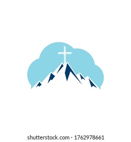 Baptist cross in mountain logo design. Cross on top of the mountain and cloud shape logo.