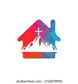 Baptist cross in mountain logo design. Cross on top of the mountain and home shape logo.