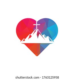 Baptist cross in mountain logo design. Cross on top of the mountain and heart shape logo. God Christian Love conceptual logo design