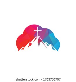 Baptist cross in mountain logo design. Cross on top of the mountain and cloud shape logo.