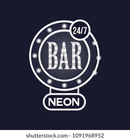 Bar 24 7 neon sign, vintage bright glowing signboard, light banner vector Illustration