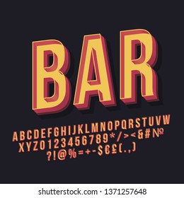 Bar 3d vintage vector lettering. Retro bold font. Pop art stylized text. Old school style letters, numbers, symbols pack. 90s poster, banner, signboard typography design. Black color background