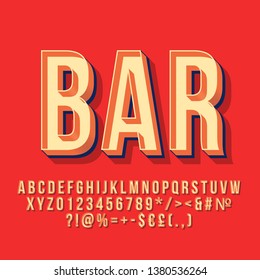 Bar 3d vintage vector lettering. Retro bold font. Pop art stylized text. Old school style letters, numbers, symbols pack. 90s, 80s poster, banner, signboard typography design. Red color background