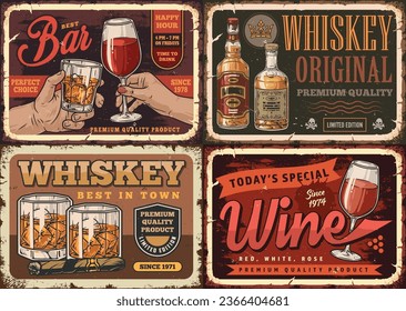 Bar alcohol colorful set flyers with whiskey and merlot wine in glasses for advertising products of liquor industry vector illustration