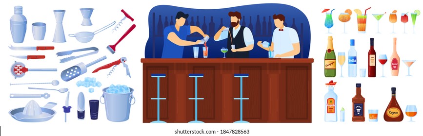 Bar with alcohol drinks and coctails equipment set of isolated vector illustrations. Barmen at counter pouring coctails. Glasses of beverage, ice, martini bottles, lime, objects for restaurant bar.