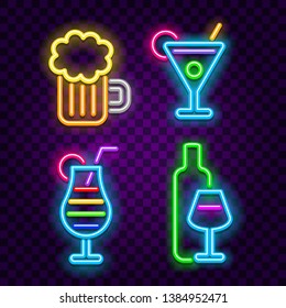 Bar And Alcohol Drinks Neon Signs On Dark Background Vector Set