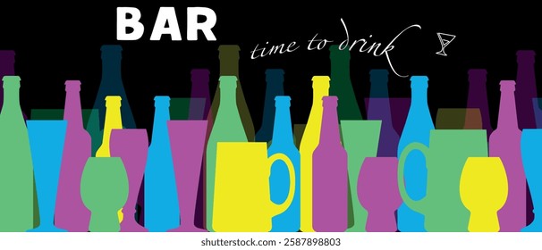 Bar, alcohol, silhouettes of beer bottles of different shapes, beer glasses. Vector illustration banner party, bright neon colors