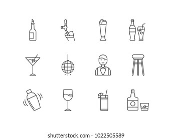 Bar and alcoholic drinks line icons set with bottle, tap pouring beer, pilsner glass, soda, martini, mirror ball, bartender, stool, shaker, wine, cocktail, whiskey.