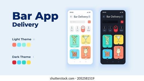 Bar app cartoon smartphone interface vector templates set. Shipping alcohol drinks. Mobile app screen page day and dark mode design. Pub menu UI for application. Phone display with flat character