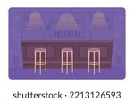 Bar arrangement 2D vector isolated illustration. Serving alcoholic beverages. Pub flat interior on cartoon background. Nightclub colourful editable scene for mobile, website, presentation
