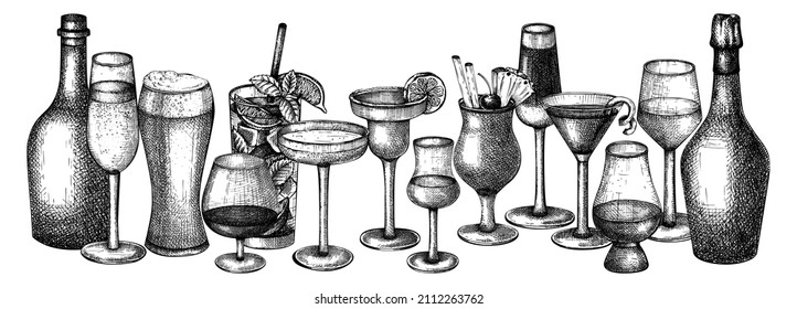 Bar banner or menu design with hand-sketched glasses and bottles. Vector sketches of alcoholic drinks and cocktails. Popular alcohol beverages hand-drawings for bar or restaurant branding or menus.