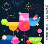 Bar banner, poster geometric colorful design with cocktails and fruits. Night party fireworks vector illustration. Alcoholic, non-alcoholic drinks cocktail menu elements on black background