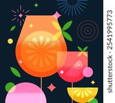 Bar banner, poster geometric colorful design with aperol spritz cocktails and oranges. Night party vector flat illustration. Alcoholic, non-alcoholic drinks cocktail menu elements on black background