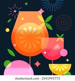 Bar banner, poster geometric colorful design with aperol spritz cocktails and oranges. Night party vector flat illustration. Alcoholic, non-alcoholic drinks cocktail menu elements on black background