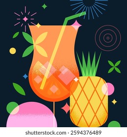 Bar banner, poster geometric colorful design with tropical cocktail and pineapple. Night party vector flat illustration. Alcoholic, non-alcoholic drinks cocktail menu elements on black background