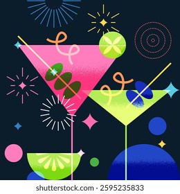 Bar banner, poster geometric colorful design with martini margarita cocktails with olives. Night party vector flat illustration. Alcoholic drinks cocktail menu elements on black background