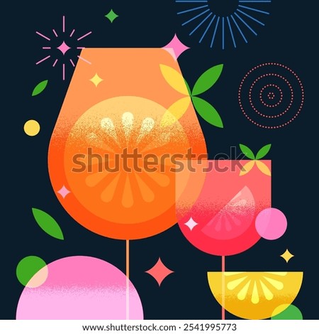 Bar banner, poster geometric colorful design with aperol spritz cocktails and oranges. Night party vector flat illustration. Alcoholic, non-alcoholic drinks cocktail menu elements on black background