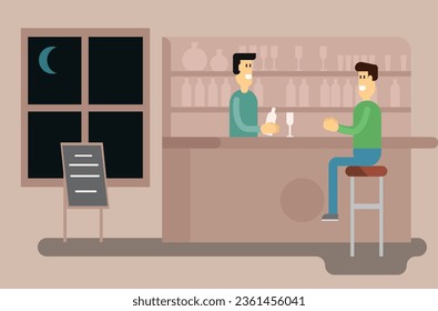 Bar with Barman and Client Flat Style. Free time and alcohol drinking vector illustration