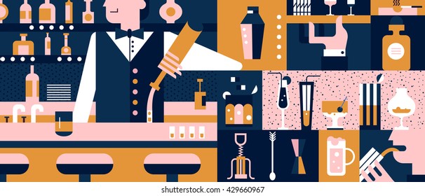 Bar and bartender background flat