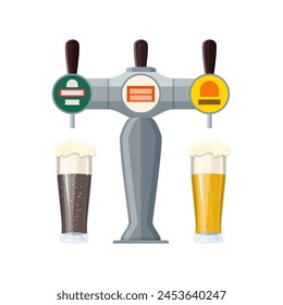 Bar Beer Tap with Beer Glasses isolated on white background. Vector illustration in flat style