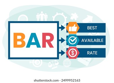 BAR - Best Available Rate, acronym business concept. Word lettering typography design illustration with line icons and ornaments.