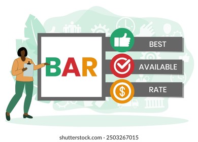 BAR - Best Available Rate, acronym business concept. Word lettering typography design illustration with line icons and ornaments.