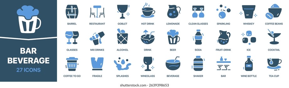 Bar and beverage colored signed icon collection. Barrel, drink, whiskey, glasses, alcohol, beer icons. UI icon set. Colored icons pack. Vector illustration