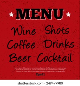 Bar beverages elements for menu design on red grunge background