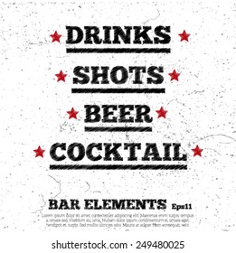 Bar beverages elements for menu design on white grunge background