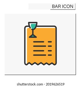 Bar bill color icon. Paper shop receipt. Alcohol store. Payment. Restaurant, pub, bar bill. Cocktail party and drinking establishment concept. Isolated vector illustration
