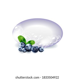 Bar of blue soap  and berries in foam and bubbles on a white background.Realistic vector illustration.Shampoo bubbles texture.