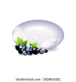 Bar of blue soap  and berries in foam and bubbles on a white background.Realistic vector illustration.Shampoo bubbles texture.