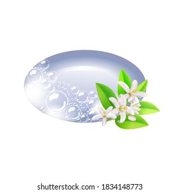 Bar of blue soap  and flowers in foam and bubbles on a white background.Realistic vector illustration.Shampoo bubbles texture.