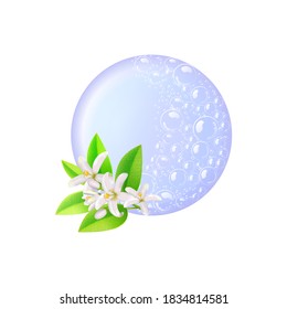 Bar of blue soap in foam and bubbles,flowers on a white background.Realistic vector illustration.Shampoo bubbles texture.