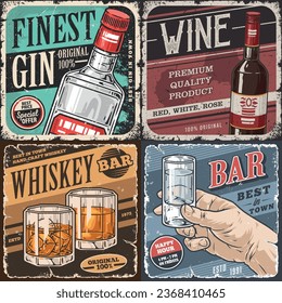 Bar booze colorful set posters with bottle gin and red wine or two glasses cognac and vodka shots vector illustration