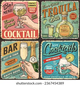 Bar booze set posters colorful with glass mojito and bottles of tequila or champagne for liquor store advertisement vector illustration