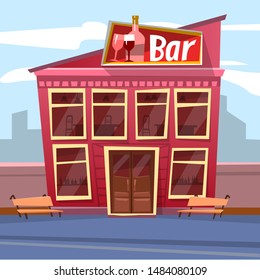 Bar Building With Board Of Wine Drink On Roof. Urban Dining Place In Red Color, Exterior Of Cafe With Benches Outdoor, Pub Or Restaurant Sign. Vector Illustration In Flat Cartoon Style