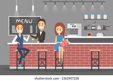 Bar building interior. People sitting at the counter and chatting. Barman pourin beer in the glass. Customer on the stool. Flat vector illustration