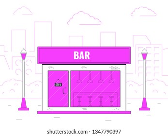 Bar Building on the Background of the City. Bar Building Facade. Vector Illustration