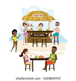 Bar bungalow on the beach ocean coast.Cartoon barmen and various happy people visitors. Male and female characters. Summer vacation background.Vector flat illustration