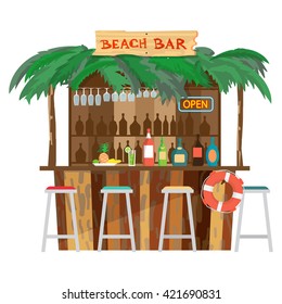 Bar bungalows on the beach ocean coast. Vector flat cartoon isolated illustration. Summer vacation in a tropical beach. Relaxing at the beach bar, drinks, fruits