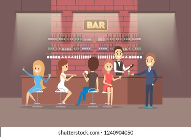 Bar or cafe with alcohol drinks. Beer and wine. Pub interior with visitor. Flat vector illustration