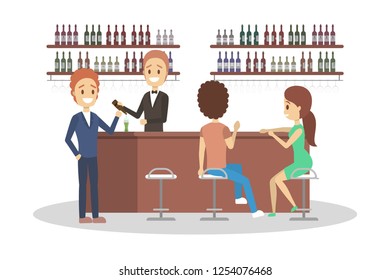 Bar or cafe with alcohol drinks. Beer and wine. Pub interior with visitor. Flat vector illustration