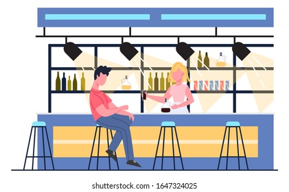 Bar or cafe with alcohol drinks. Beer and wine. Pub interior with visitor. Flat vector illustration