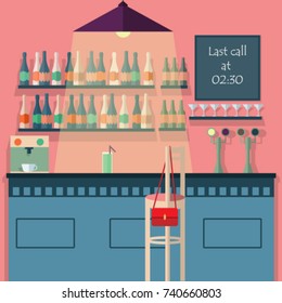  Bar Cafe Beer Pub Counter Desk Interior Vector. Flat Design.