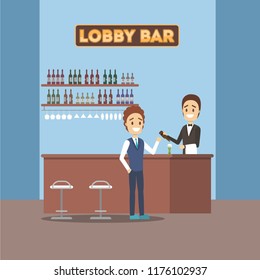 Bar or cafe in the hotel with alcohol drinks. Beer and wine. Pub interior with visitor. Flat vector illustration