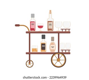 Carrito de bar con botellas y gafas de fondo blanco. El concepto de casa interior. Caricatura de estilo plano. Ilustración del vector