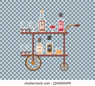 Bar cart with bottles and glasses on transparent background. Home interior concept. Cartoon flat style. Vector illustration