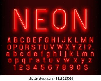 Bar ou Casino elementos de sinal brilhante. Letras de fonte de néon vermelho brilho alfabeto e números com vida noturna luz fluorescente realistas símbolos de texto abc elétricos em fundo escuro ilustração vetorial