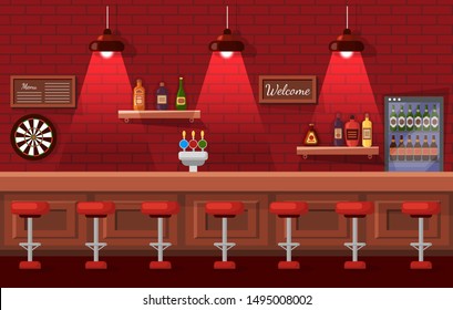 Bar celebrating place, brick wall decorated by shelf with bottles, welcome board and men, darts sign. Beer pub, bottles in fridge, nobody indoor vector